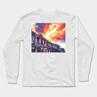 Colorful New Orleans French Quarter Watercolor Sunset Long Sleeve T-Shirt